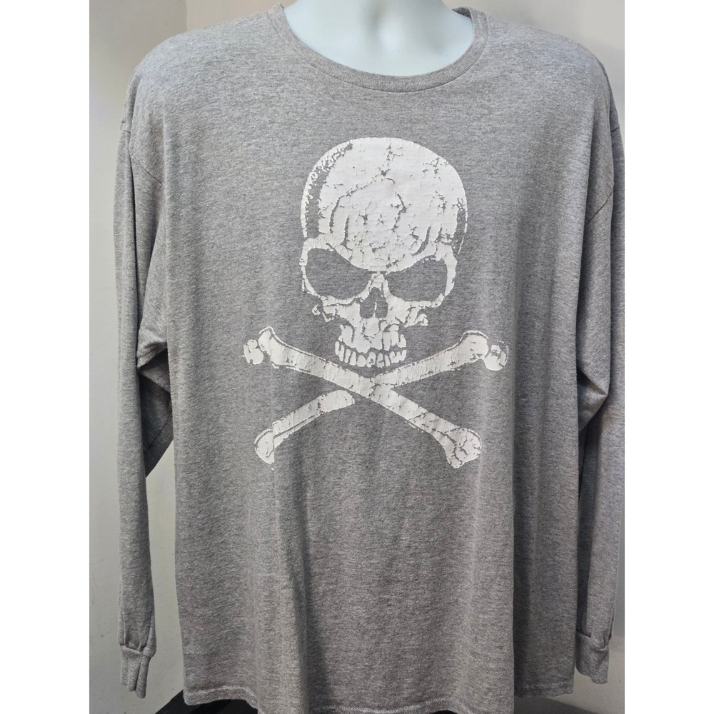 Delta Pro Weight Mens XL Gray Long Sleeve Skull Crossbones Graphic T-Shirt
